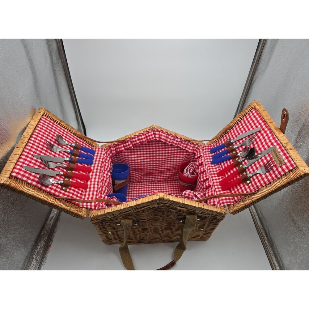 Picnic Time Wicker Picnic Basket Wicker Plates Flatware Set For 4 People